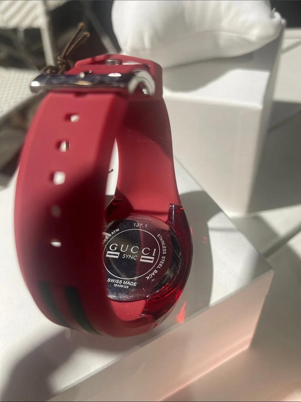 Gucci Red Transparent Silicone Logo Strap Watch with Green-Red Accent